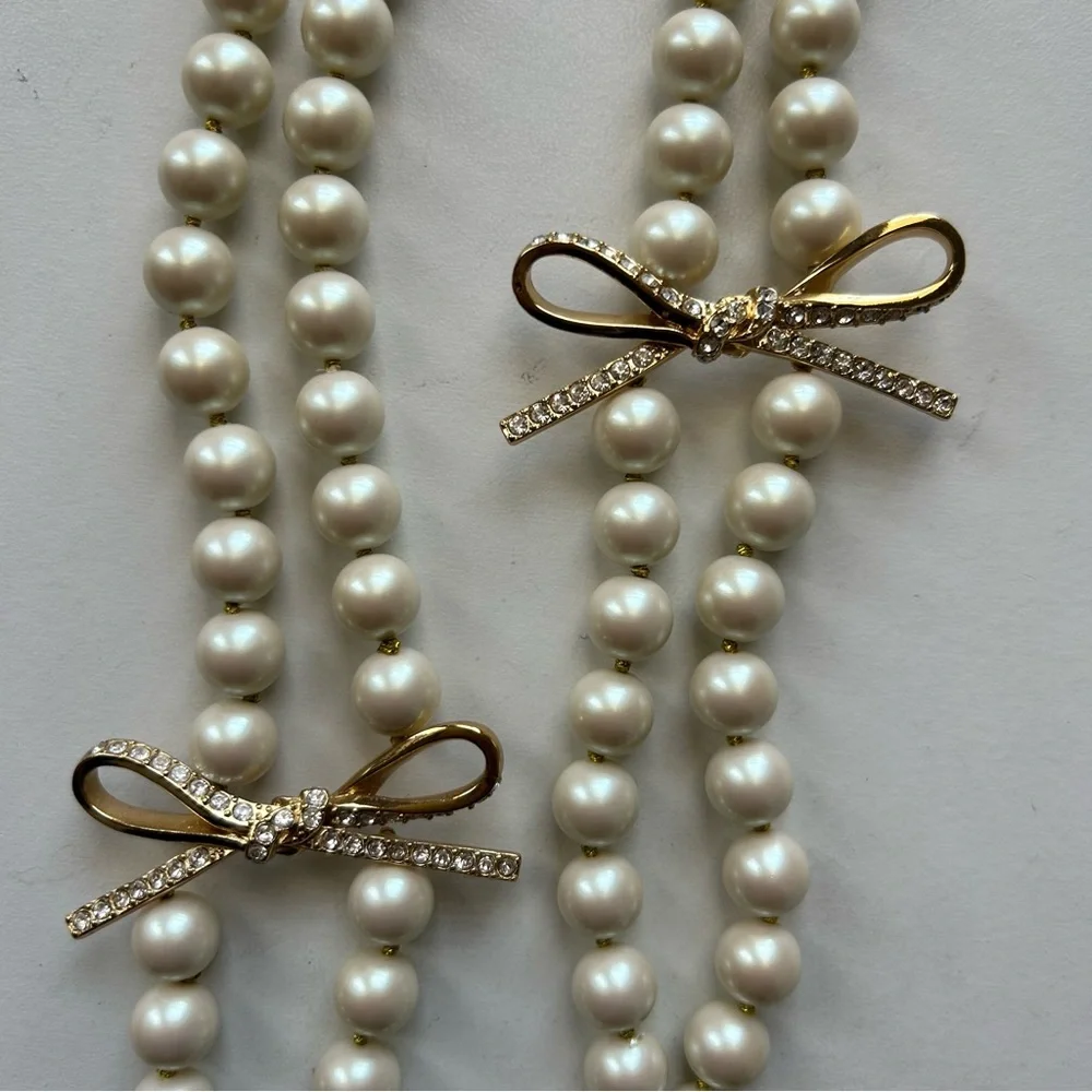 Kate Spade Double Strand Pearl Necklace with Gold Diamond Bows - Picture 7 of 8